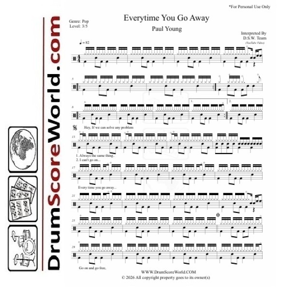 Paul Young - Everytime You Go Away | Drum Sheet Music